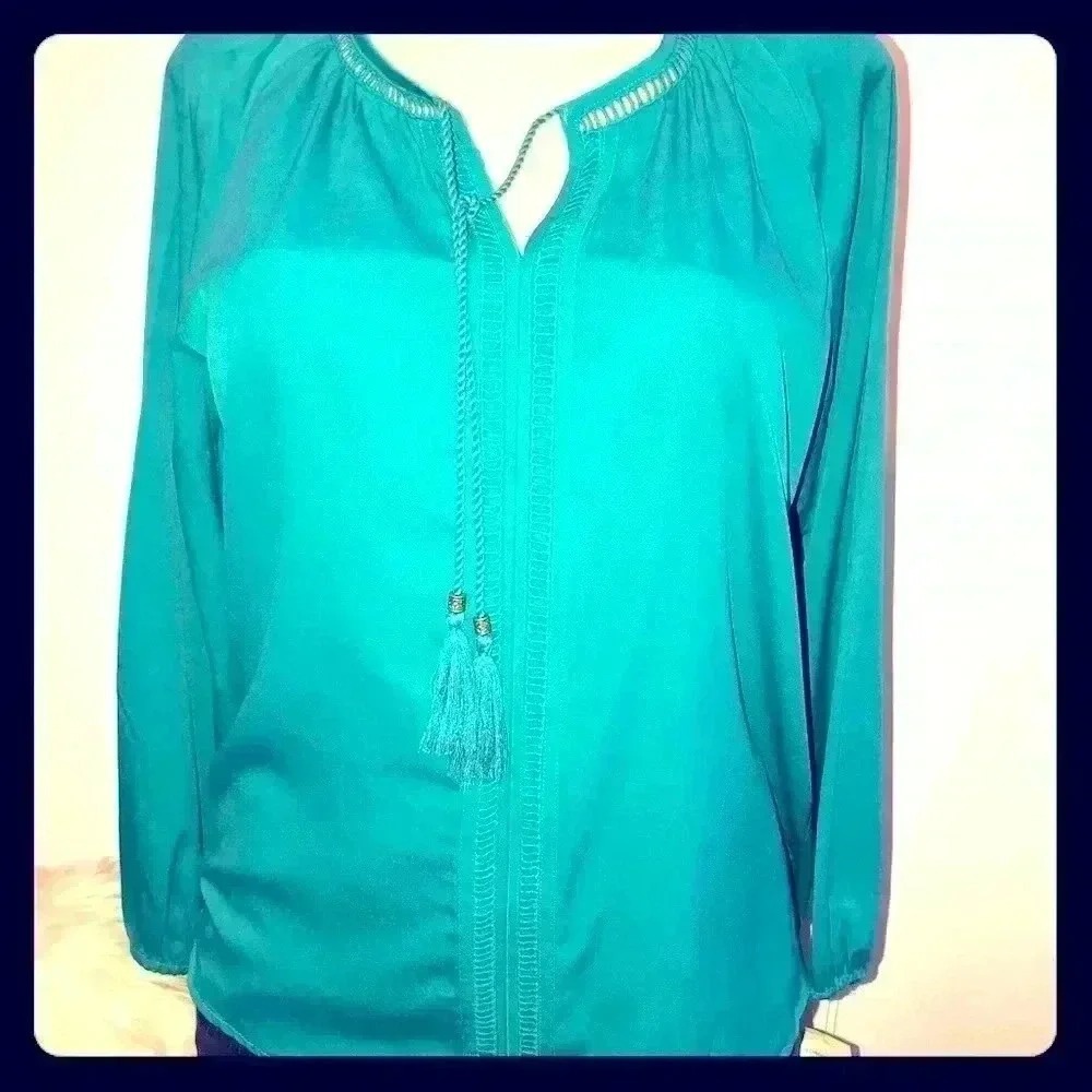 Rebecca Malone Women's Size Small Boho Long Sleeve Teal Blouse NEW